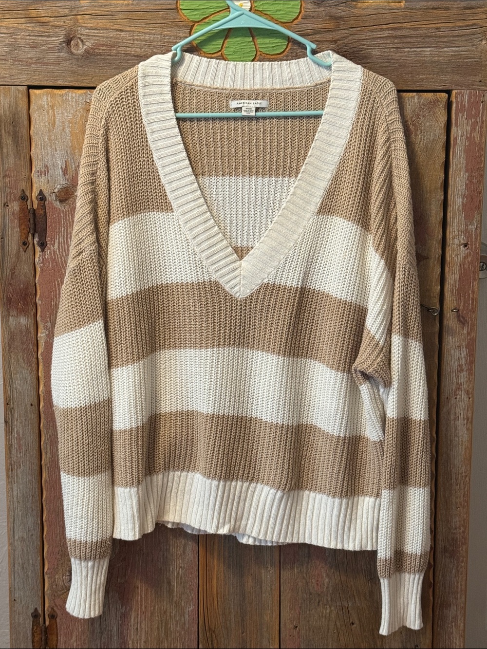 American Eagle Outfitters Striped V-Neck Sweater in Cream & Tan medium